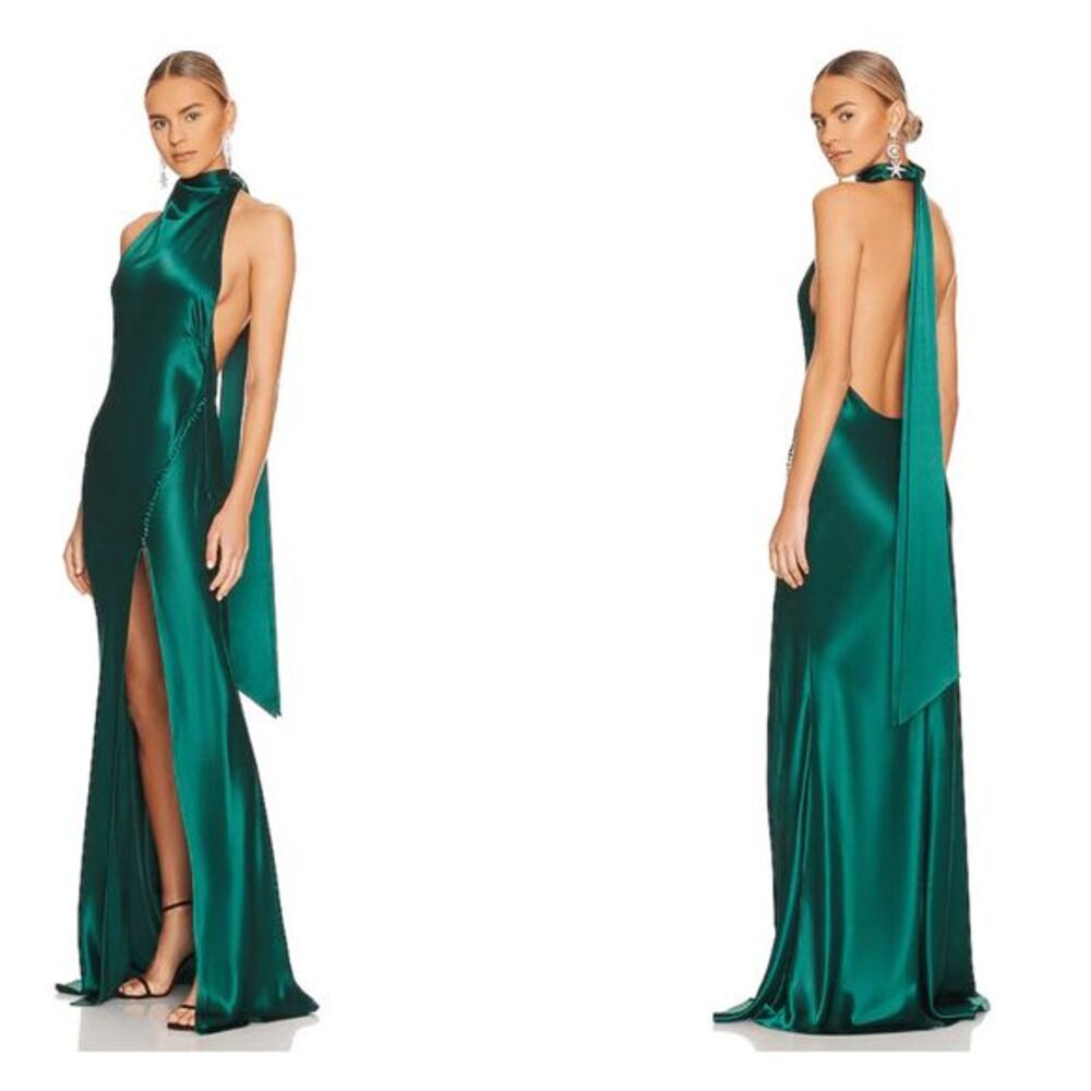 Sau Lee Penelope Satin Halter Gown IN Emerald US 4 $550